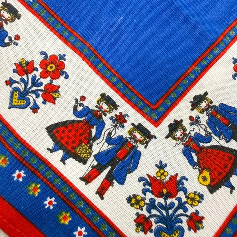 Vintage Folk Art Austrian Cotton Napkins Handkerchiefs Set of 2 Blue Red Cottage